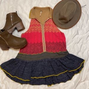 FREE PEOPLE Collared Knit Sleeveless Peplum Top Large